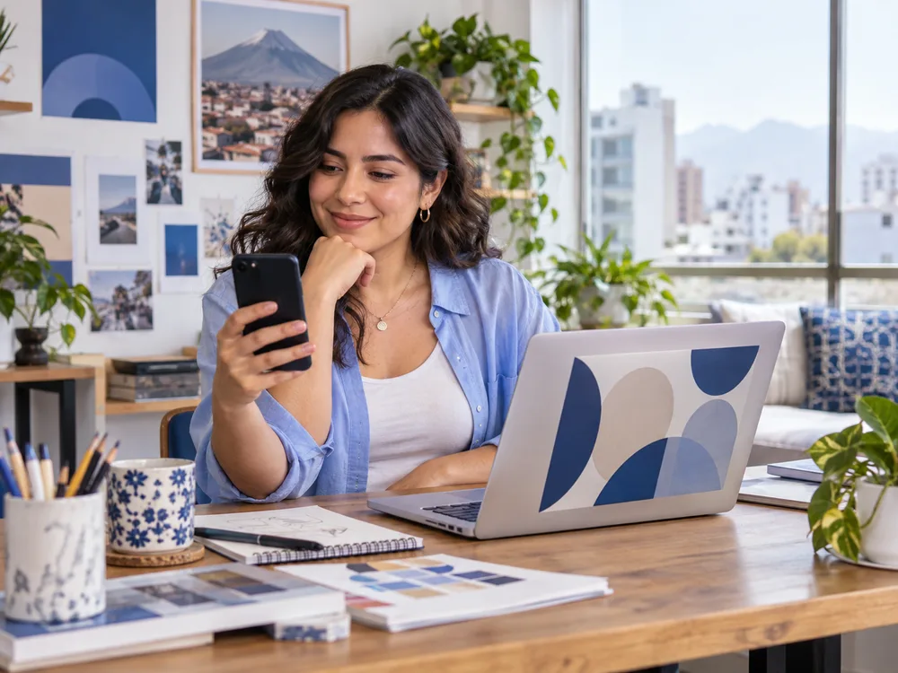 Diseñadora independiente revisando su teléfono en su estudio de trabajo