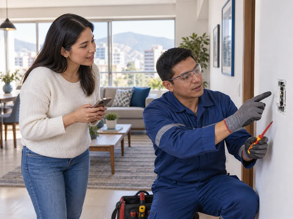 Electricista explicando una reparación doméstica a una clienta